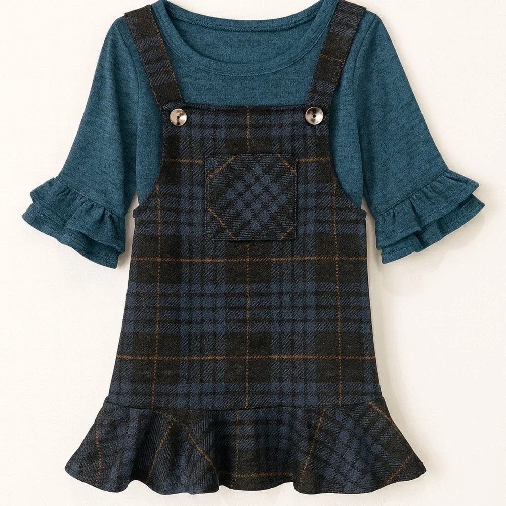 BONNIE JEAN navy blue & mustard plaid 2 piece dress with ruffle hem